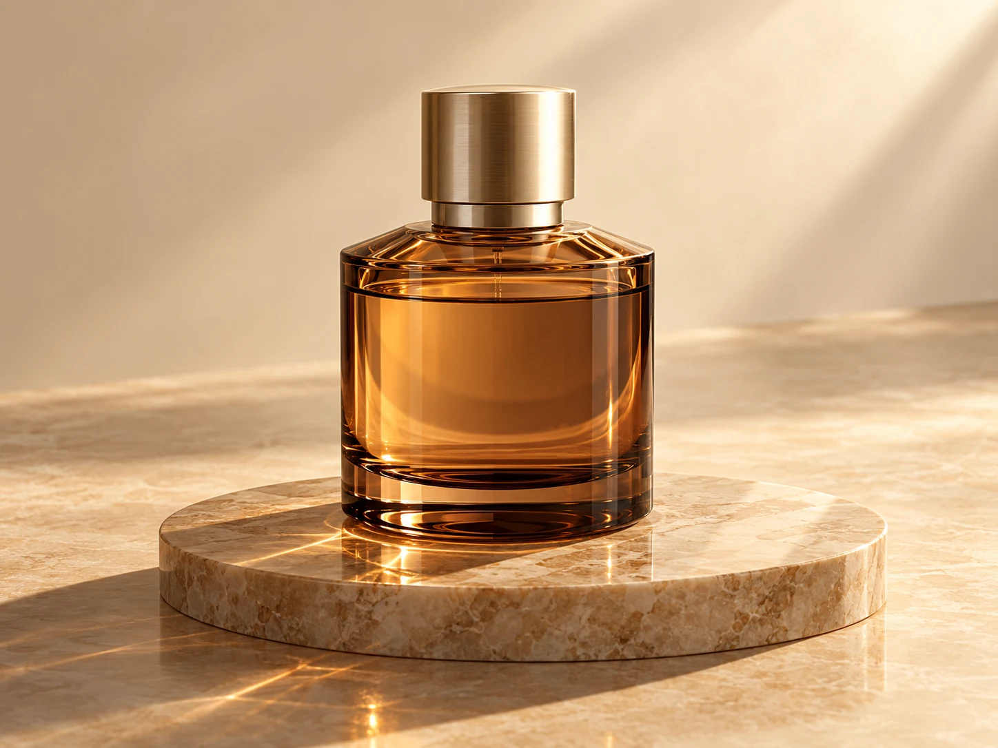 Amber glass perfume bottle concept with metallic cap, studio light and detailed reflections